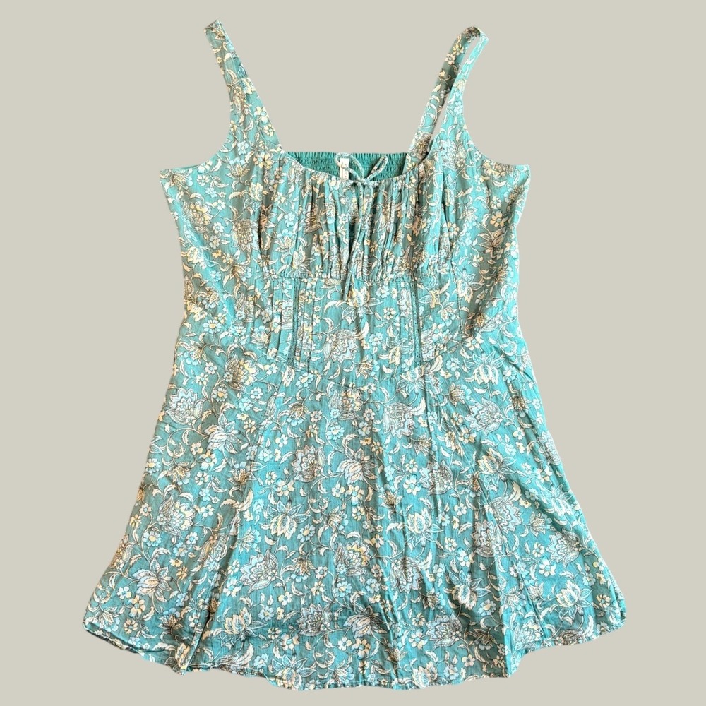 American Eagle Womens Top XXL Teal Cotton Floral Smocked Back Babydoll Cottage